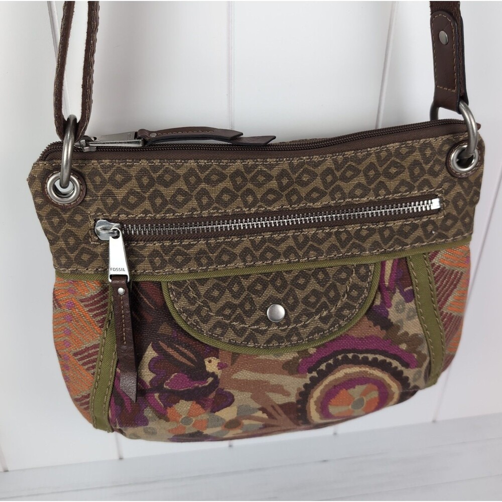 Fossil Floral Canvas & Leather Adjustable Strap Crossbody Hobo Bag Purse